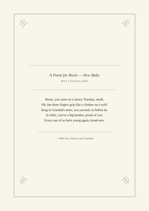 Sample poem print titled “A Poem for Rosie — New Baby”, written as an acrostic in the Botanical design. It begins: “Rosie, you came on a snowy Tuesday, small,”