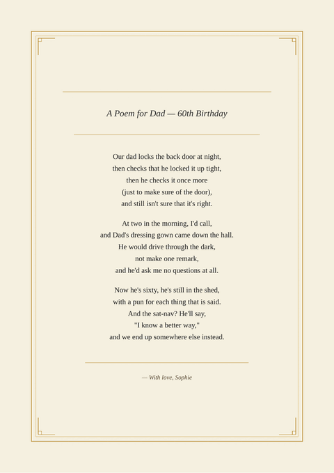 Sample poem print titled “A Poem for Dad — 60th Birthday”, written as three limericks in the Art Deco design. It begins: “Our dad locks the back door at night,”