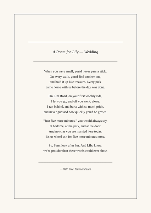 Sample poem print titled “A Poem for Lily — Wedding”, written as a sonnet in the Soft Ivory design. It begins: “When you were small, you'd never pass a stick.”