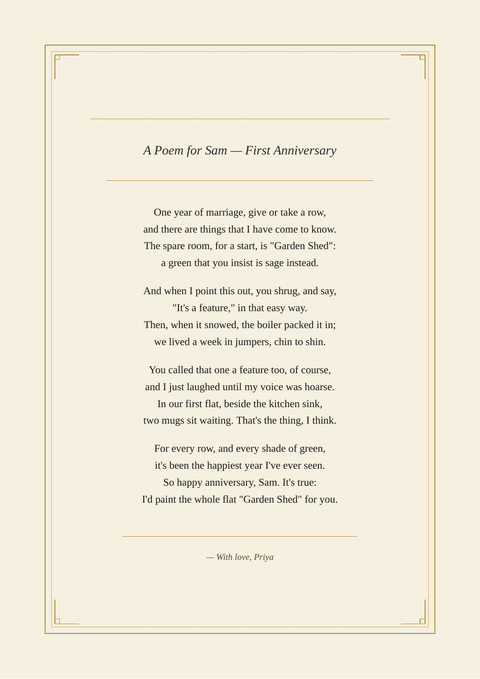 Sample poem print titled “A Poem for Sam — First Anniversary”, written as rhyming couplets in the Art Deco design. It begins: “One year of marriage, give or take a row,”