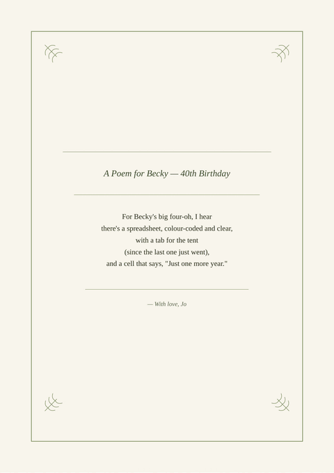 Sample poem print titled “A Poem for Becky — 40th Birthday”, written as a limerick in the Botanical design. It begins: “For Becky's big four-oh, I hear”