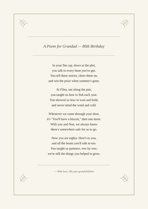 Sample poem print titled “A Poem for Grandad — 80th Birthday”, written as rhyming couplets in the Botanical design. It begins: “In your flat cap, down at the plot,”
