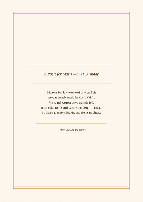 Sample poem print titled “A Poem for Mavis — 90th Birthday”, written as an acrostic in the Cream Classic design. It begins: “Many a Sunday, twelve of us would sit”