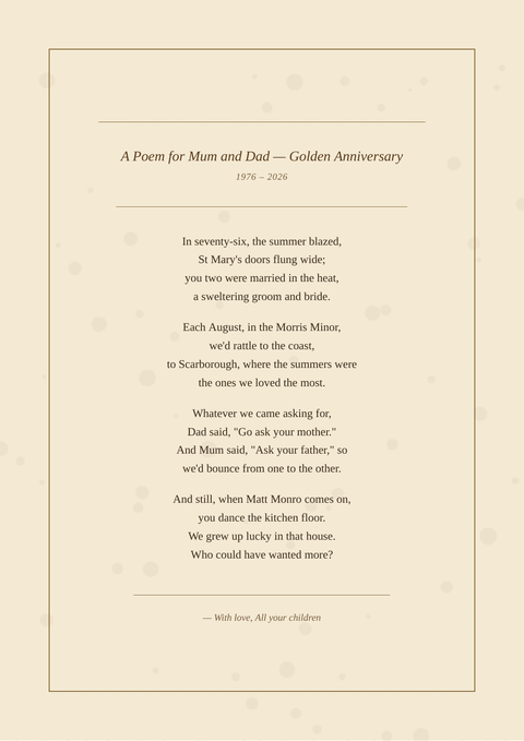 Sample poem print titled “A Poem for Mum and Dad — Golden Anniversary”, written as a ballad in the Vintage Letter design. It begins: “In seventy-six, the summer blazed,”