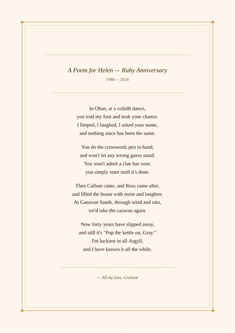 Sample poem print titled “A Poem for Helen — Ruby Anniversary”, written as rhyming couplets in the Cream Classic design. It begins: “In Oban, at a ceilidh dance,”