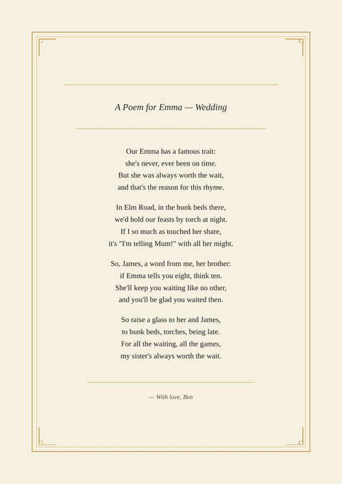 Sample poem print titled “A Poem for Emma — Wedding”, written as alternate rhyme in the Art Deco design. It begins: “Our Emma has a famous trait:”
