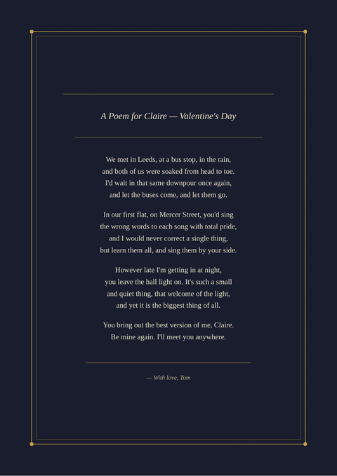 Sample poem print titled “A Poem for Claire — Valentine's Day”, written as a sonnet in the Midnight design. It begins: “We met in Leeds, at a bus stop, in the rain,”
