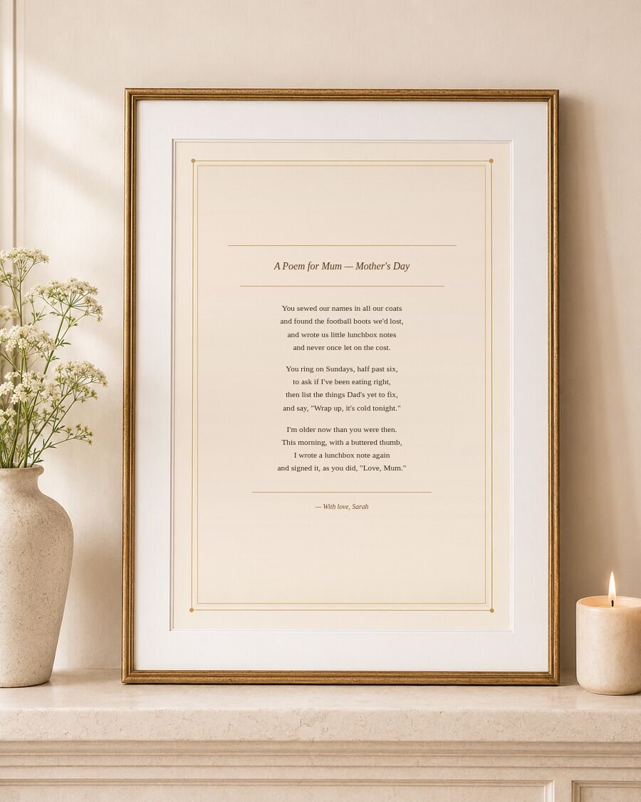 A personalised poem for Mum on Mother's Day, printed in the Cream Classic design and framed on a mantelpiece